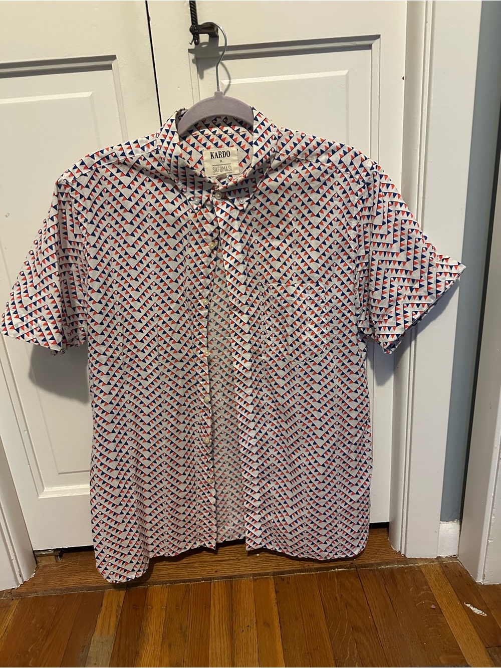 Wildfang Short-Sleeve Button-Down Shirt in White with Red & Blue Geo Print